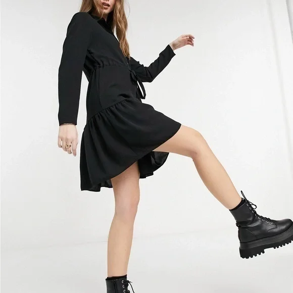 Women’s Dresses | tie waist tiered shirt dress in black - Picture 1 of 9